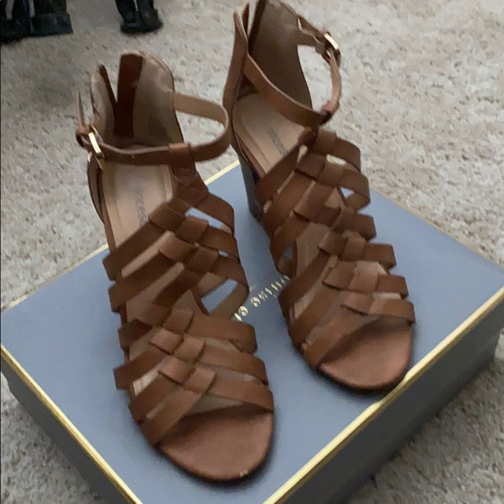 Lightly worn brown small heel sandals
